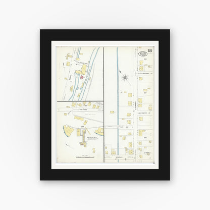 Old map wall art mockup — black gallery frame with white mat — Sanborn Fire Insurance Map from Adams, Berkshire County, Massachusetts (1908), Sheet #0018