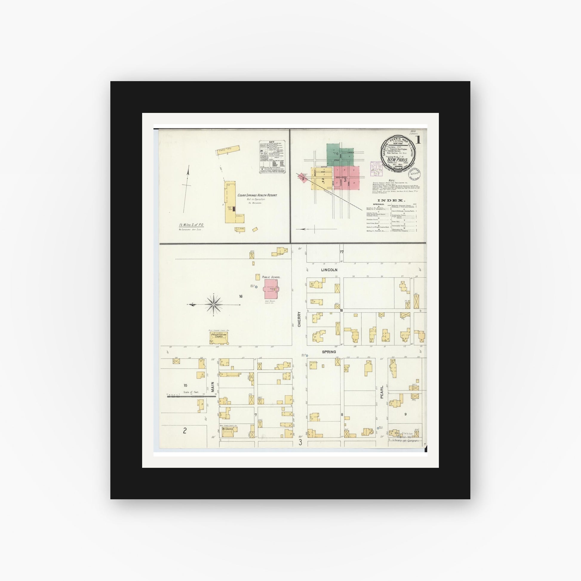 Old map wall art mockup — black gallery frame with white mat — Sanborn Fire Insurance Map from New Paris, Preble County, Ohio (1901), Sheet #0001