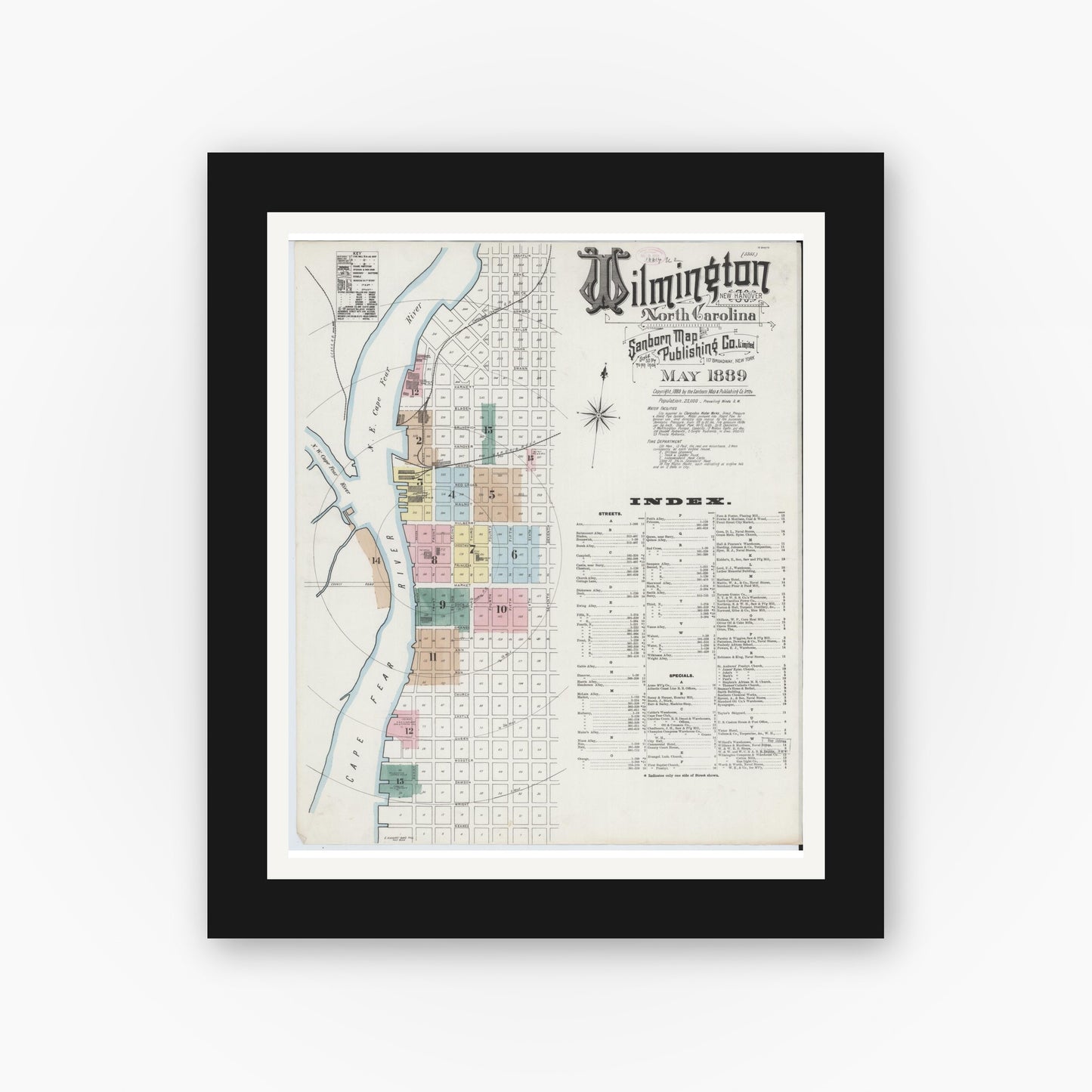 Old map wall art mockup — black gallery frame with white mat — Sanborn Fire Insurance Map from Wilmington, New Hanover County, North Carolina (1889) - Complete Map Set