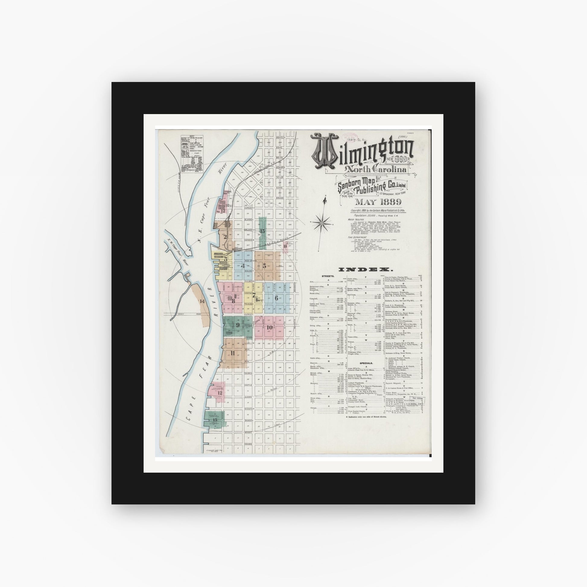 Old map wall art mockup — black gallery frame with white mat — Sanborn Fire Insurance Map from Wilmington, New Hanover County, North Carolina (1889) - Complete Map Set