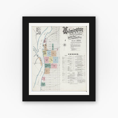 Old map wall art mockup — black gallery frame with white mat — Sanborn Fire Insurance Map from Wilmington, New Hanover County, North Carolina (1889) - Complete Map Set