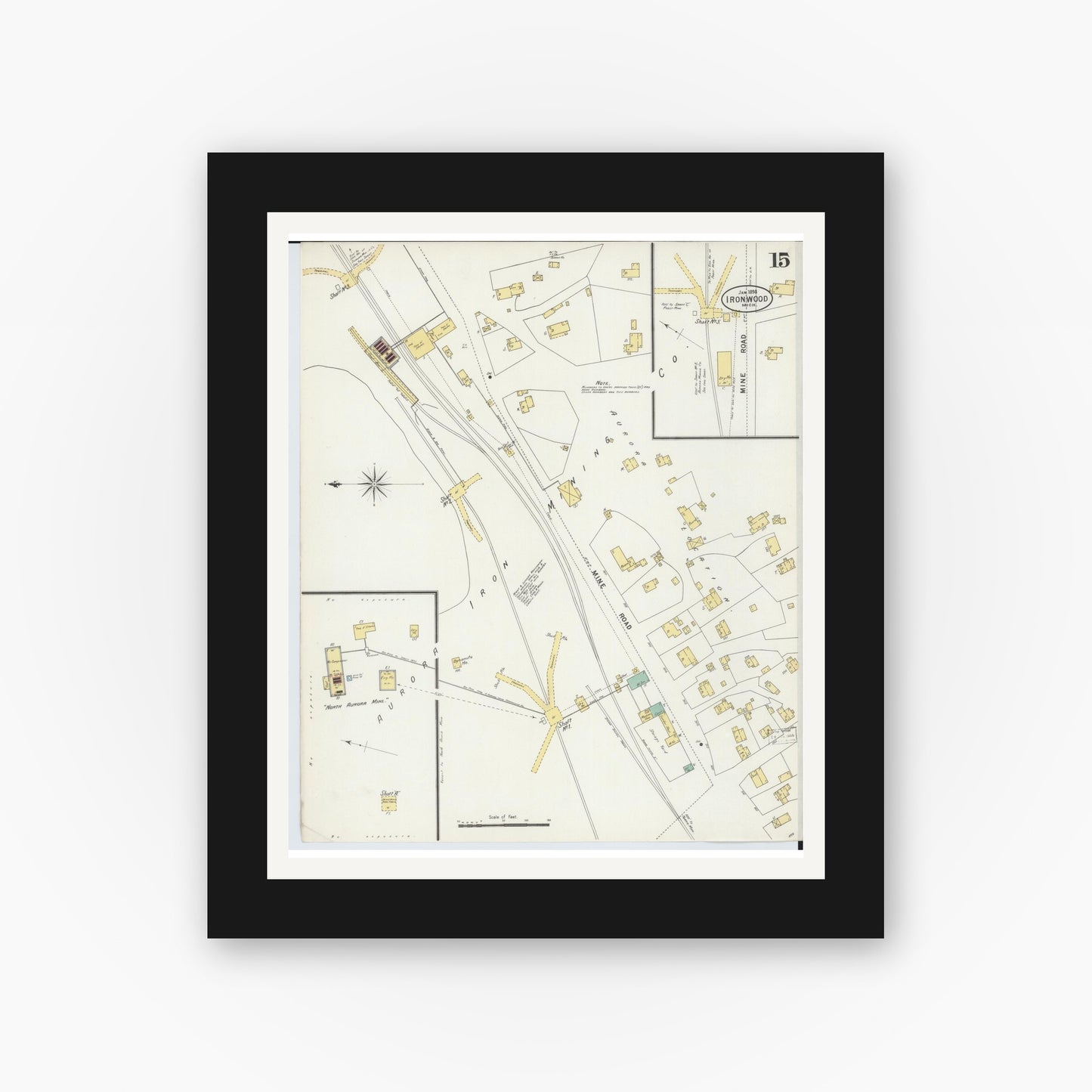 Old map wall art mockup — black gallery frame with white mat — Sanborn Fire Insurance Map from Ironwood, Gogebic County, Michigan (1898), Sheet #0015
