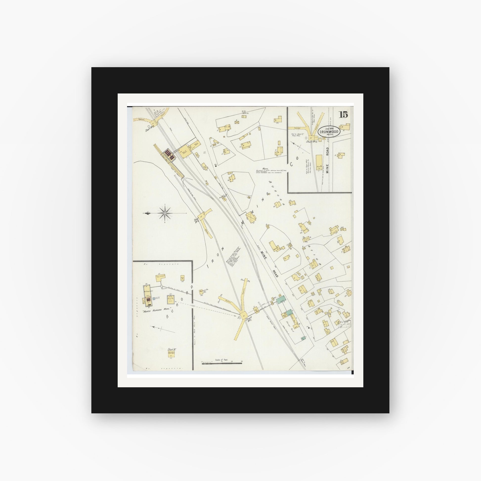 Old map wall art mockup — black gallery frame with white mat — Sanborn Fire Insurance Map from Ironwood, Gogebic County, Michigan (1898), Sheet #0015