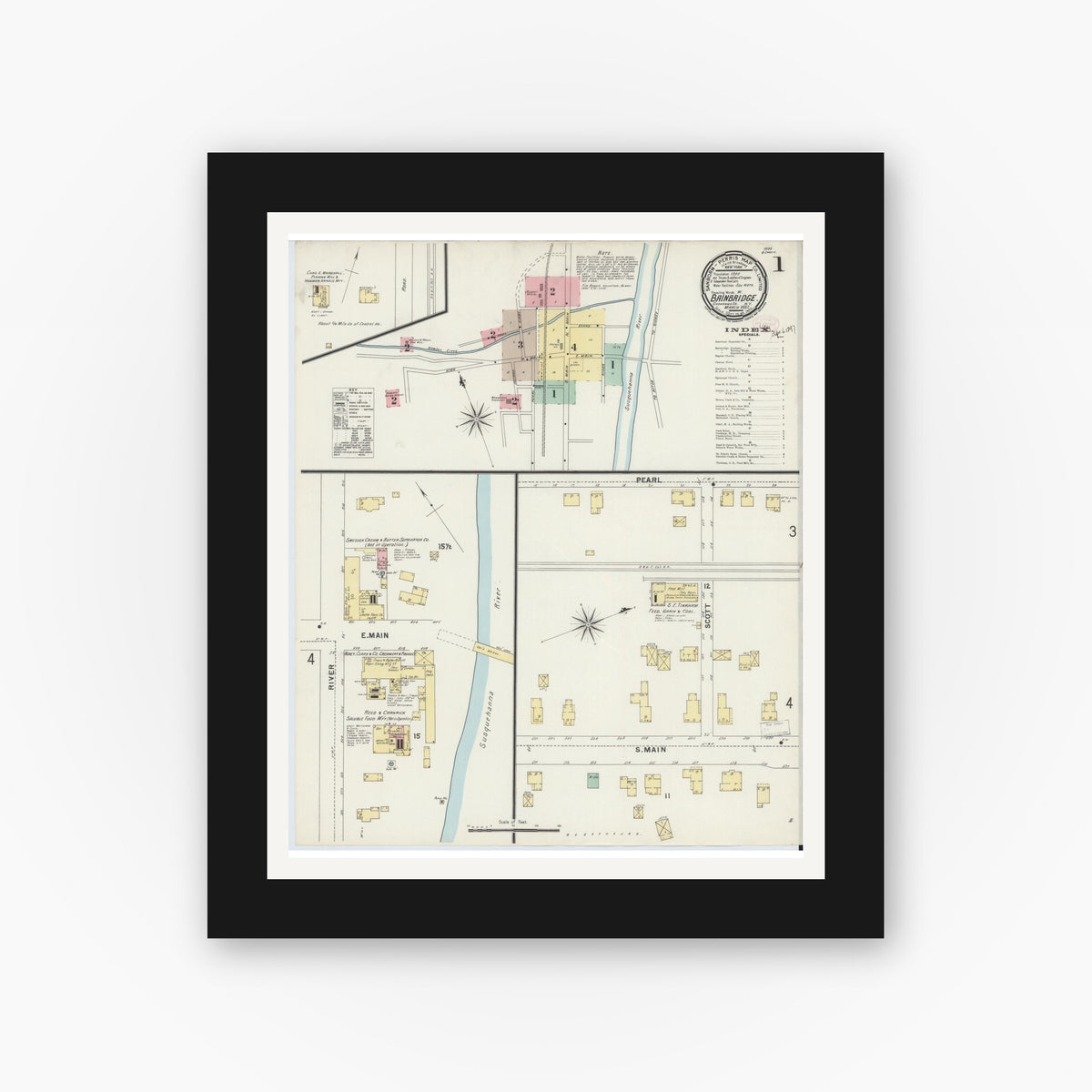 Old map wall art mockup — black gallery frame with white mat — Sanborn Fire Insurance Map from Bainbridge, Chenango County, New York (1897), Sheet #0001