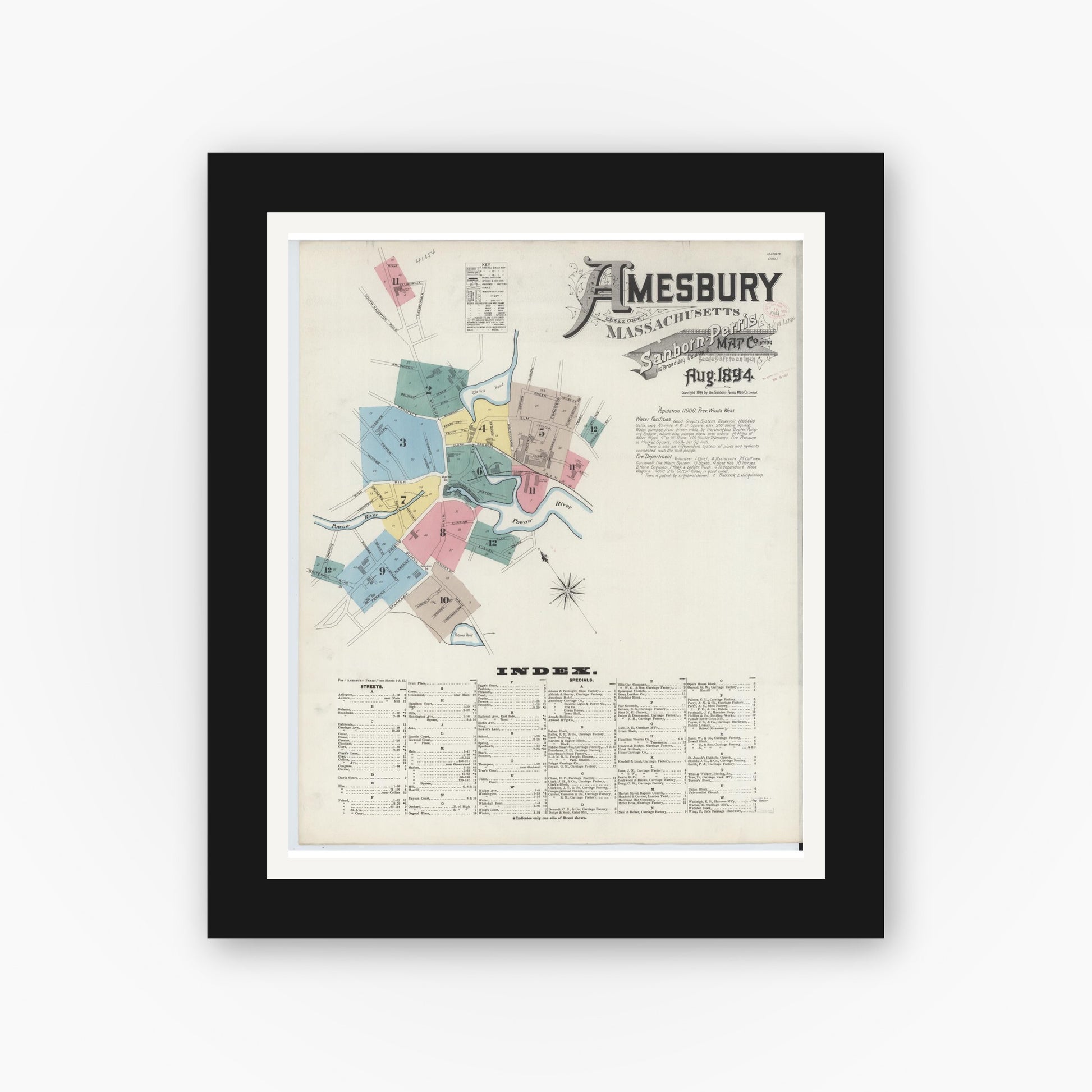 Old map wall art mockup — black gallery frame with white mat — Sanborn Fire Insurance Map from Amesbury, Essex County, Massachusetts (1894), Sheet #0001