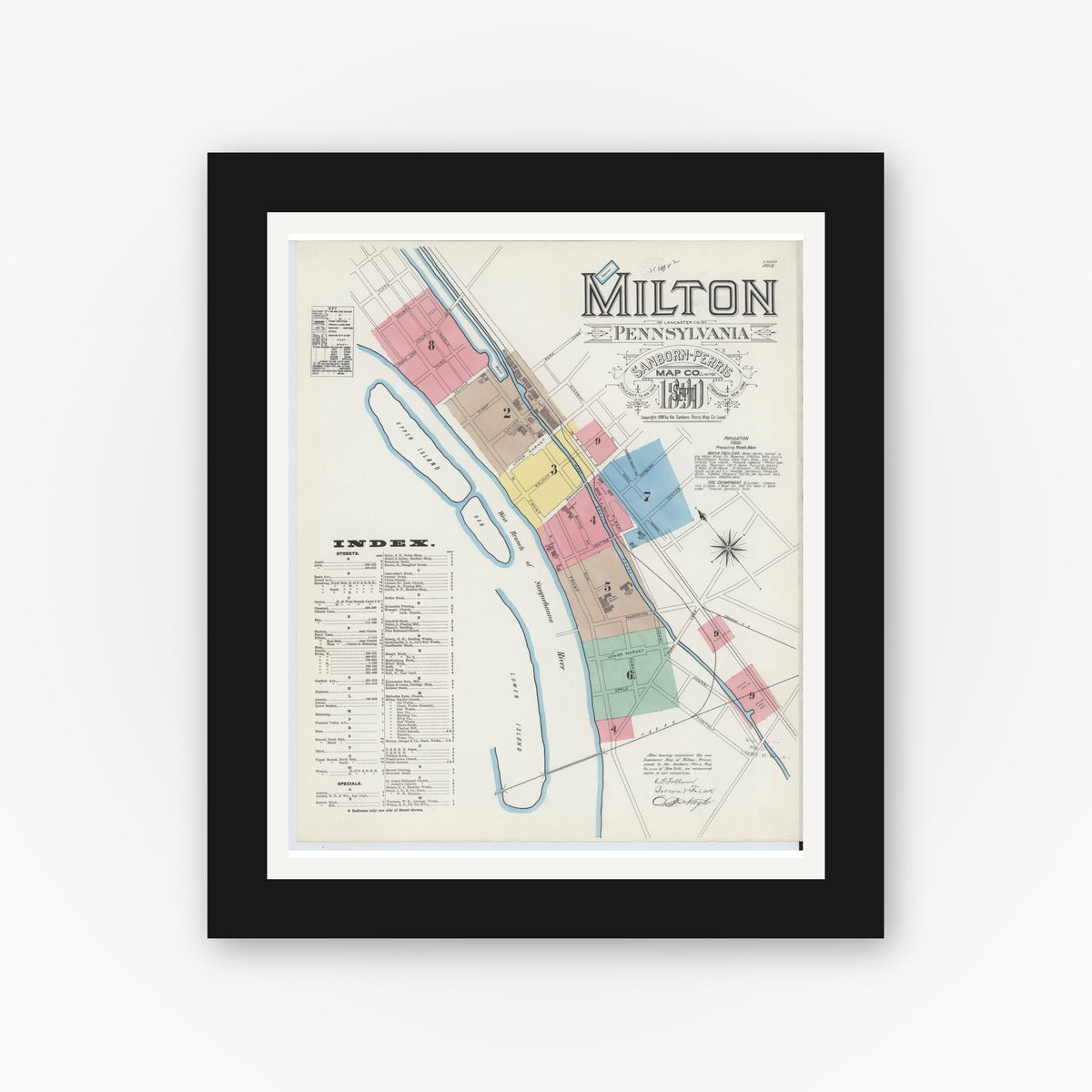 Old map wall art mockup — black gallery frame with white mat — Sanborn Fire Insurance Map from Milton, Northumberland County, Pennsylvania (1890) - Complete Map Set