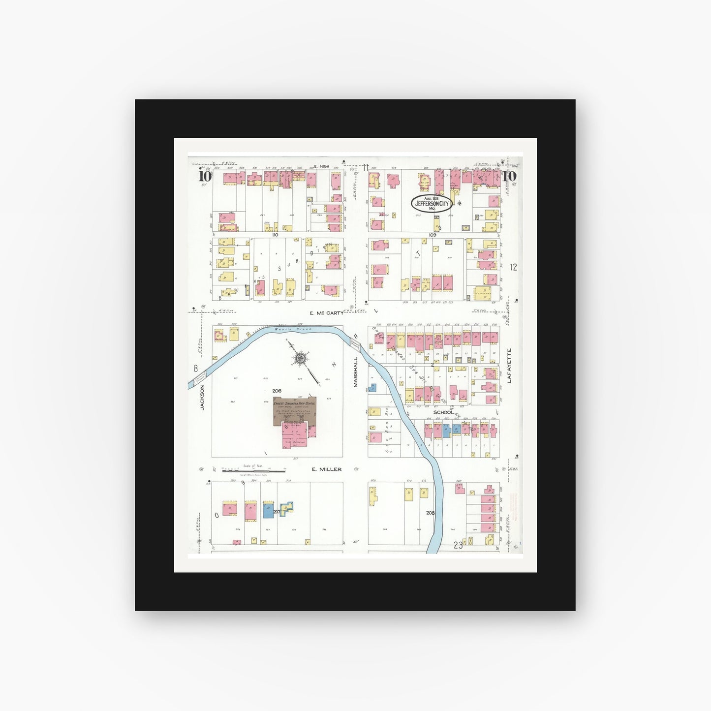 Old map wall art mockup — black gallery frame with white mat — Sanborn Fire Insurance Map from Jefferson City, Cole County, Missouri (1923), Sheet #0010