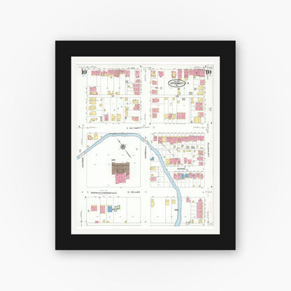Old map wall art mockup — black gallery frame with white mat — Sanborn Fire Insurance Map from Jefferson City, Cole County, Missouri (1923), Sheet #0010