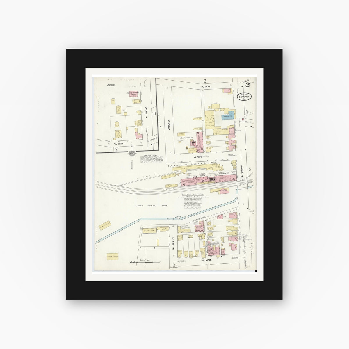 Old map wall art mockup — black gallery frame with white mat — Sanborn Fire Insurance Map from Lititz, Lancaster County, Pennsylvania (1912), Sheet #0002