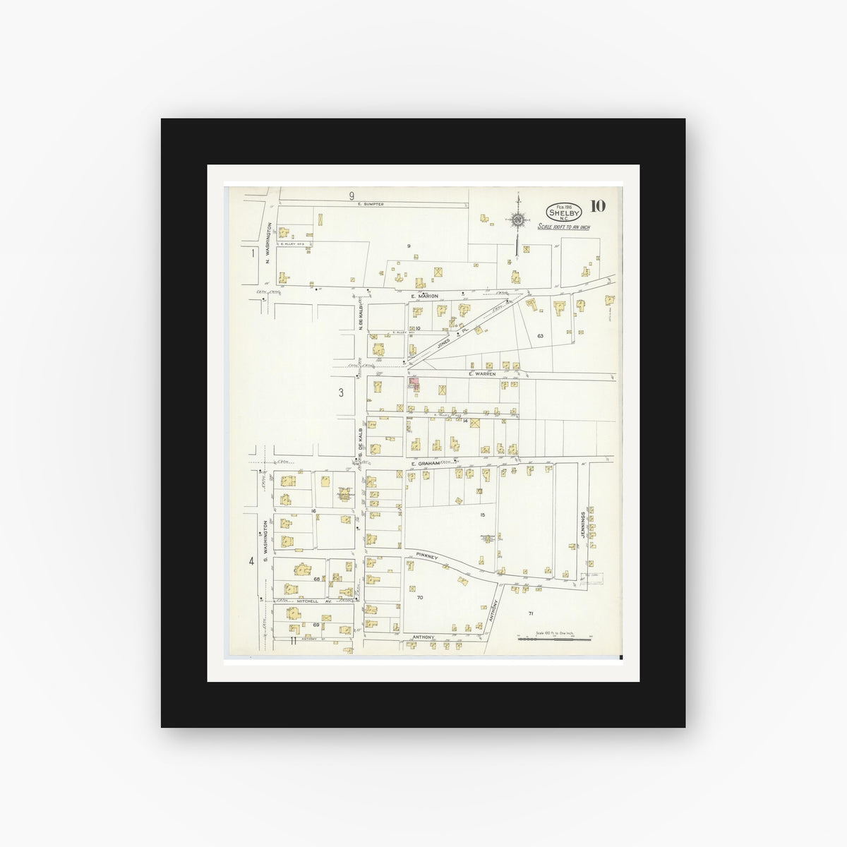 Old map wall art mockup — black gallery frame with white mat — Sanborn Fire Insurance Map from Shelby, Cleveland County, North Carolina (1916), Sheet #0010