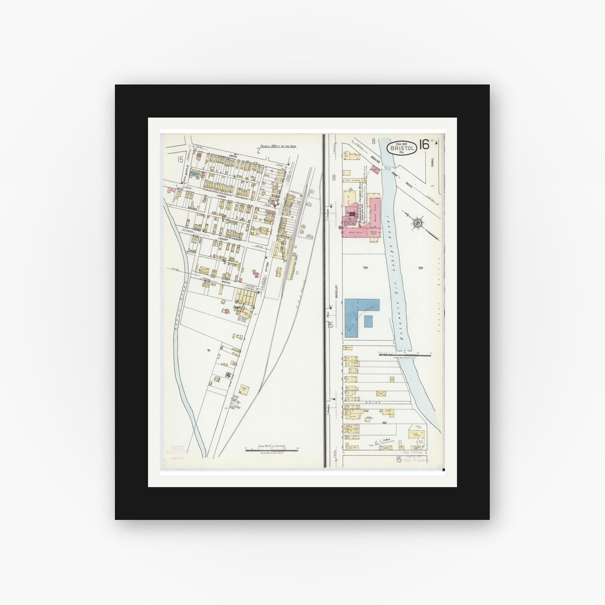 Old map wall art mockup — black gallery frame with white mat — Sanborn Fire Insurance Map from Bristol, Bucks County, Pennsylvania (1927), Sheet #0016