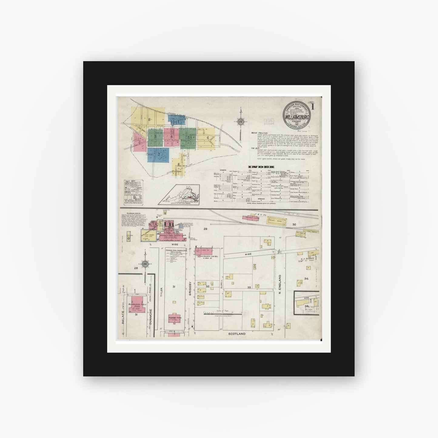 Old map wall art mockup — black gallery frame with white mat — Sanborn Fire Insurance Map from Williamsburg, Independent Cities, Virginia (1921) - Complete Map Set