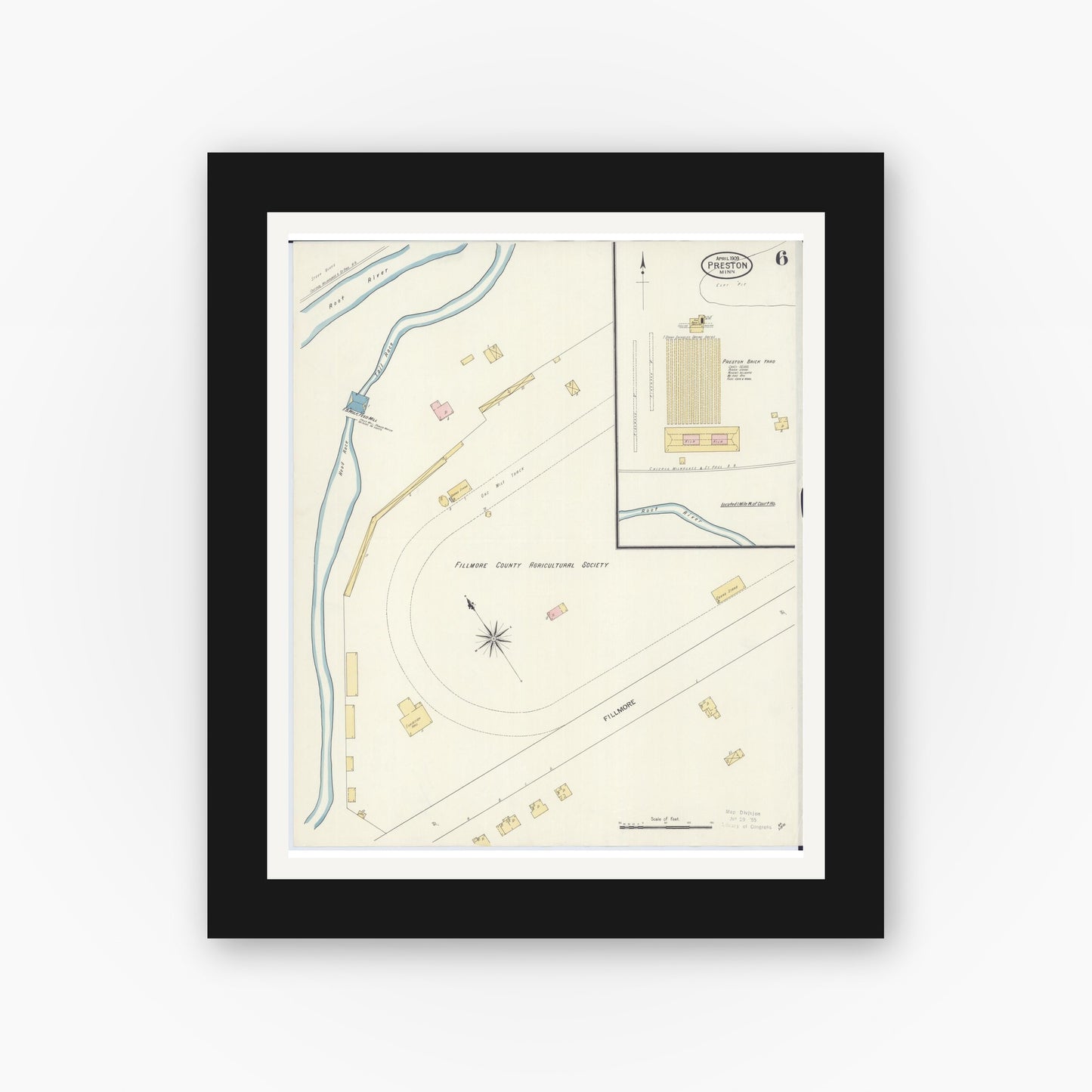 Old map wall art mockup — black gallery frame with white mat — Sanborn Fire Insurance Map from Preston, Fillmore County, Minnesota (1909), Sheet #0006