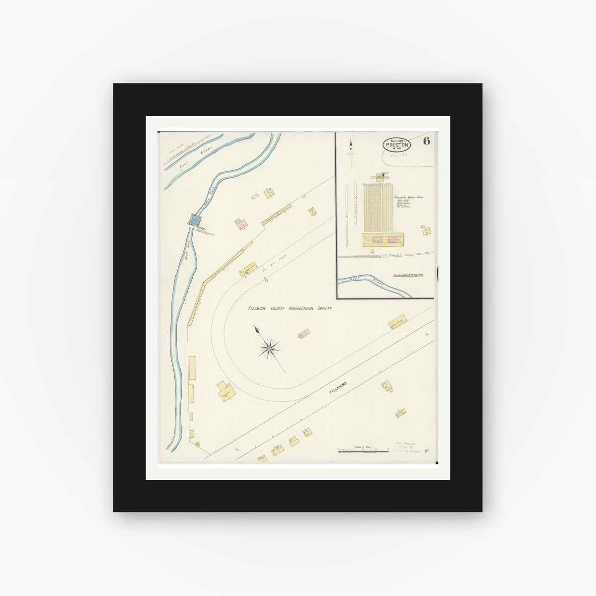 Old map wall art mockup — black gallery frame with white mat — Sanborn Fire Insurance Map from Preston, Fillmore County, Minnesota (1909), Sheet #0006
