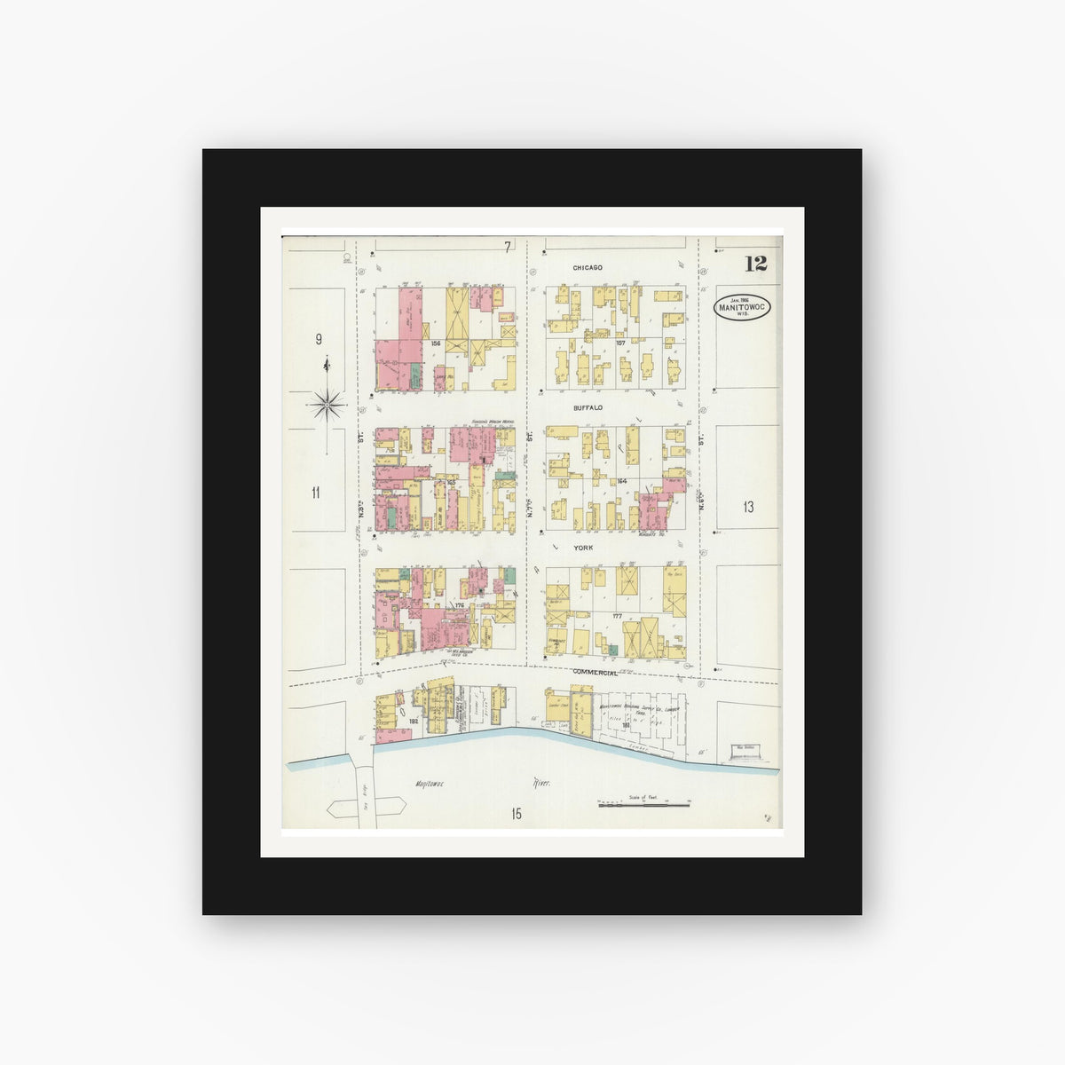 Old map wall art mockup — black gallery frame with white mat — Sanborn Fire Insurance Map from Manitowoc, Manitowoc County, Wisconsin (1906), Sheet #0012