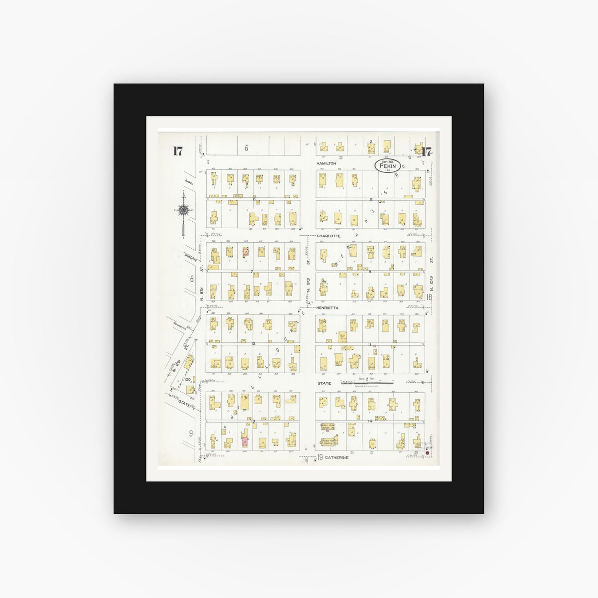 Old map wall art mockup — black gallery frame with white mat — Sanborn Fire Insurance Map from Pekin, Tazewell County, Illinois (1925), Sheet #0017