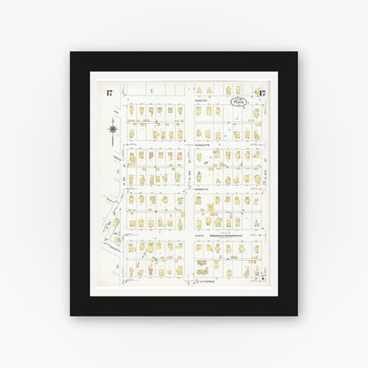 Old map wall art mockup — black gallery frame with white mat — Sanborn Fire Insurance Map from Pekin, Tazewell County, Illinois (1925), Sheet #0017