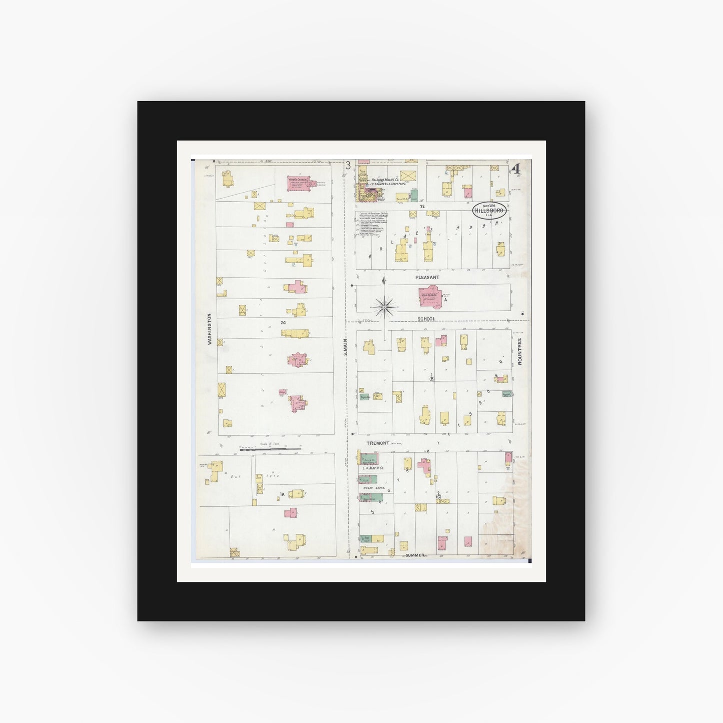 Old map wall art mockup — black gallery frame with white mat — Sanborn Fire Insurance Map from Hillsboro, Montgomery County, Illinois (1899), Sheet #0004