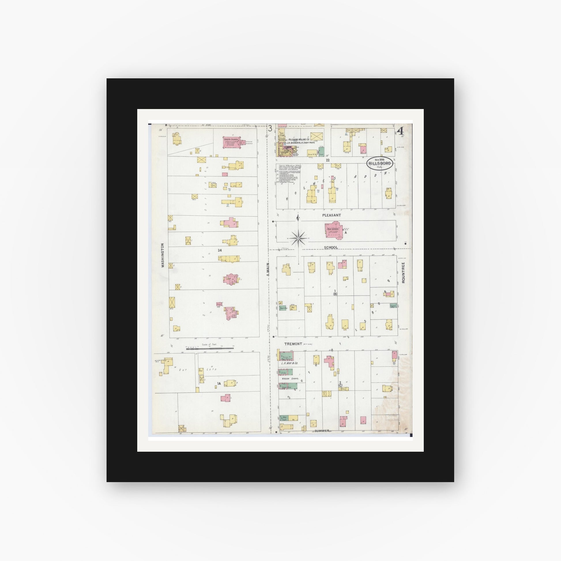 Old map wall art mockup — black gallery frame with white mat — Sanborn Fire Insurance Map from Hillsboro, Montgomery County, Illinois (1899), Sheet #0004