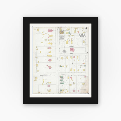 Old map wall art mockup — black gallery frame with white mat — Sanborn Fire Insurance Map from Hillsboro, Montgomery County, Illinois (1899), Sheet #0004