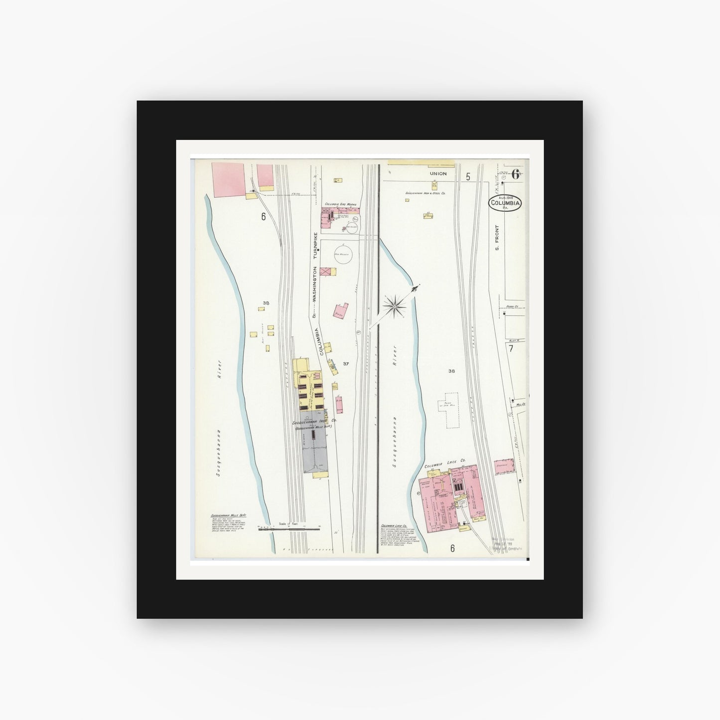 Old map wall art mockup — black gallery frame with white mat — Sanborn Fire Insurance Map from Columbia, Lancaster County, Pennsylvania (1909), Sheet #0006