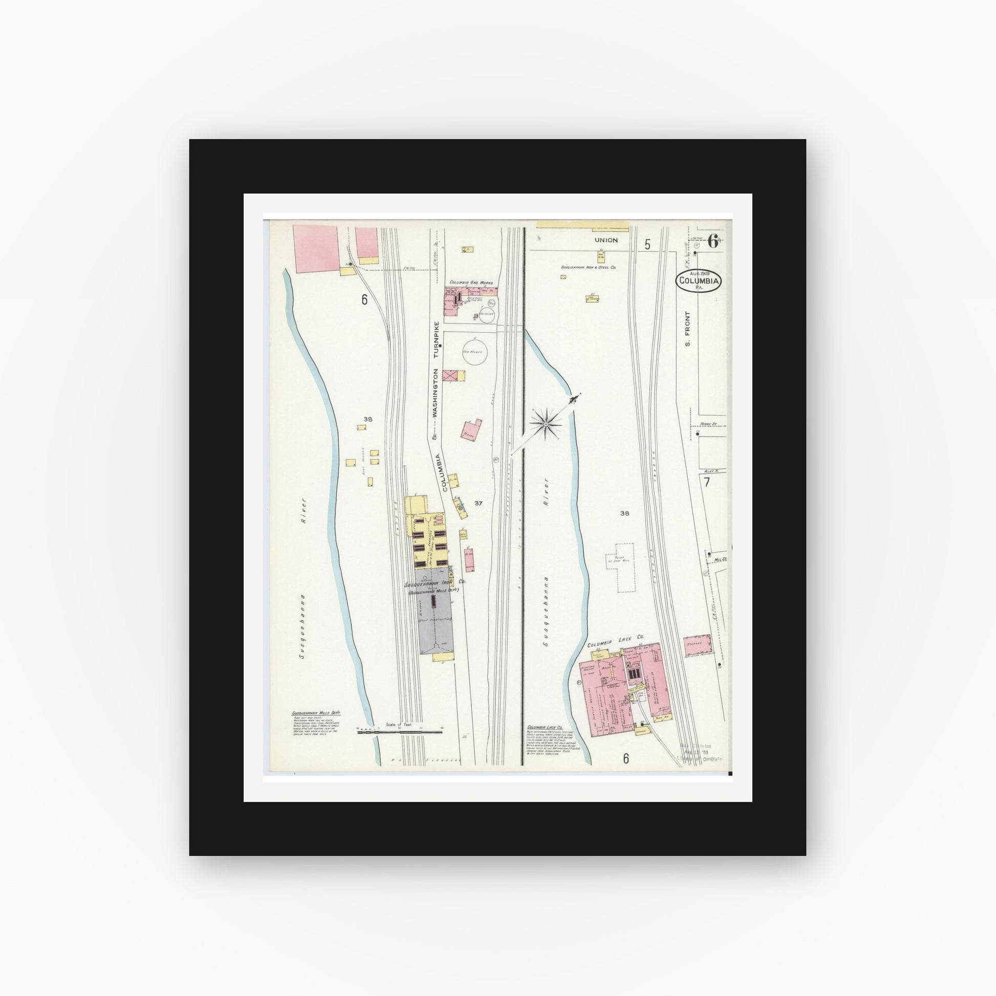 Old map wall art mockup — black gallery frame with white mat — Sanborn Fire Insurance Map from Columbia, Lancaster County, Pennsylvania (1909), Sheet #0006