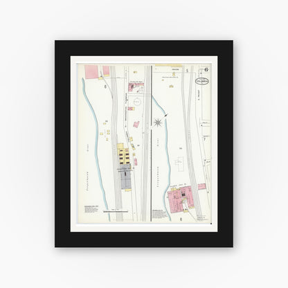 Old map wall art mockup — black gallery frame with white mat — Sanborn Fire Insurance Map from Columbia, Lancaster County, Pennsylvania (1909), Sheet #0006