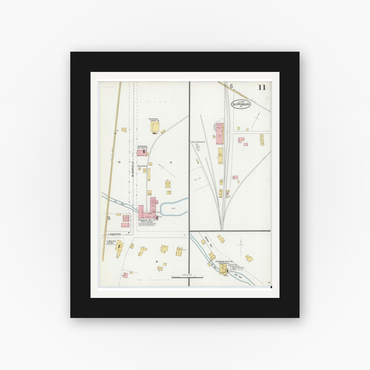 Old map wall art mockup — black gallery frame with white mat — Sanborn Fire Insurance Map from Shippensburg, Cumberland And Franklin Counties, Pennsylvania (1899), Sheet #0011