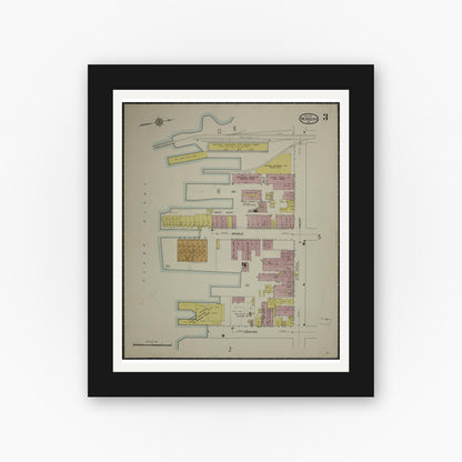 Old map wall art mockup — black gallery frame with white mat — Sanborn Fire Insurance Map from New Bern, Craven County, North Carolina (1913), Sheet #0003