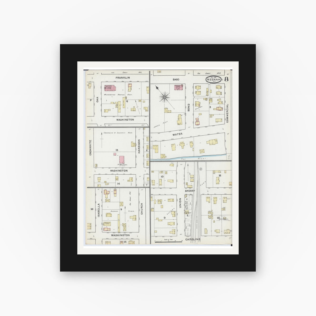 Old map wall art mockup — black gallery frame with white mat — Sanborn Fire Insurance Map from Neenah, Winnebago County, Wisconsin (1891), Sheet #0008