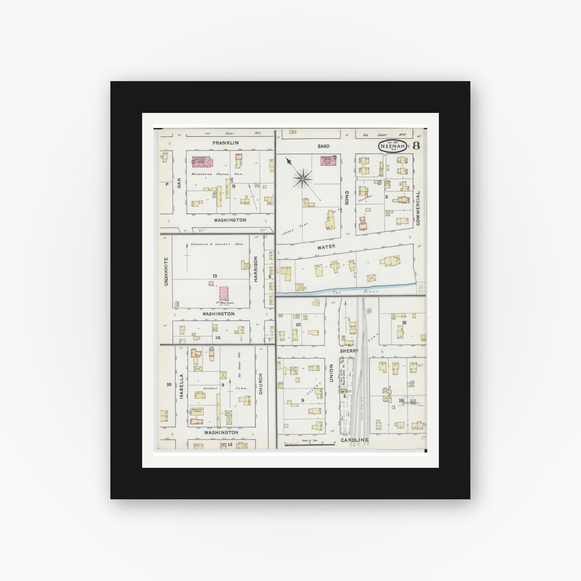 Old map wall art mockup — black gallery frame with white mat — Sanborn Fire Insurance Map from Neenah, Winnebago County, Wisconsin (1891), Sheet #0008