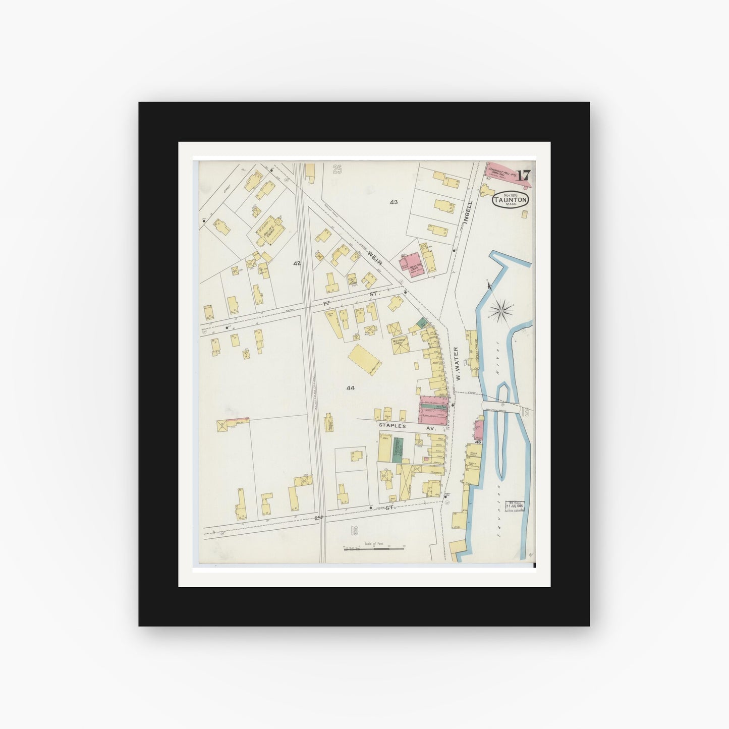Old map wall art mockup — black gallery frame with white mat — Sanborn Fire Insurance Map from Taunton, Bristol County, Massachusetts (1893), Sheet #0017
