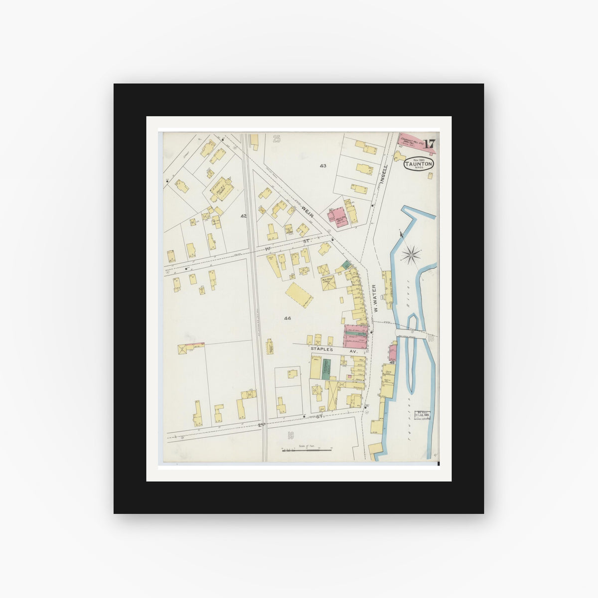 Old map wall art mockup — black gallery frame with white mat — Sanborn Fire Insurance Map from Taunton, Bristol County, Massachusetts (1893), Sheet #0017