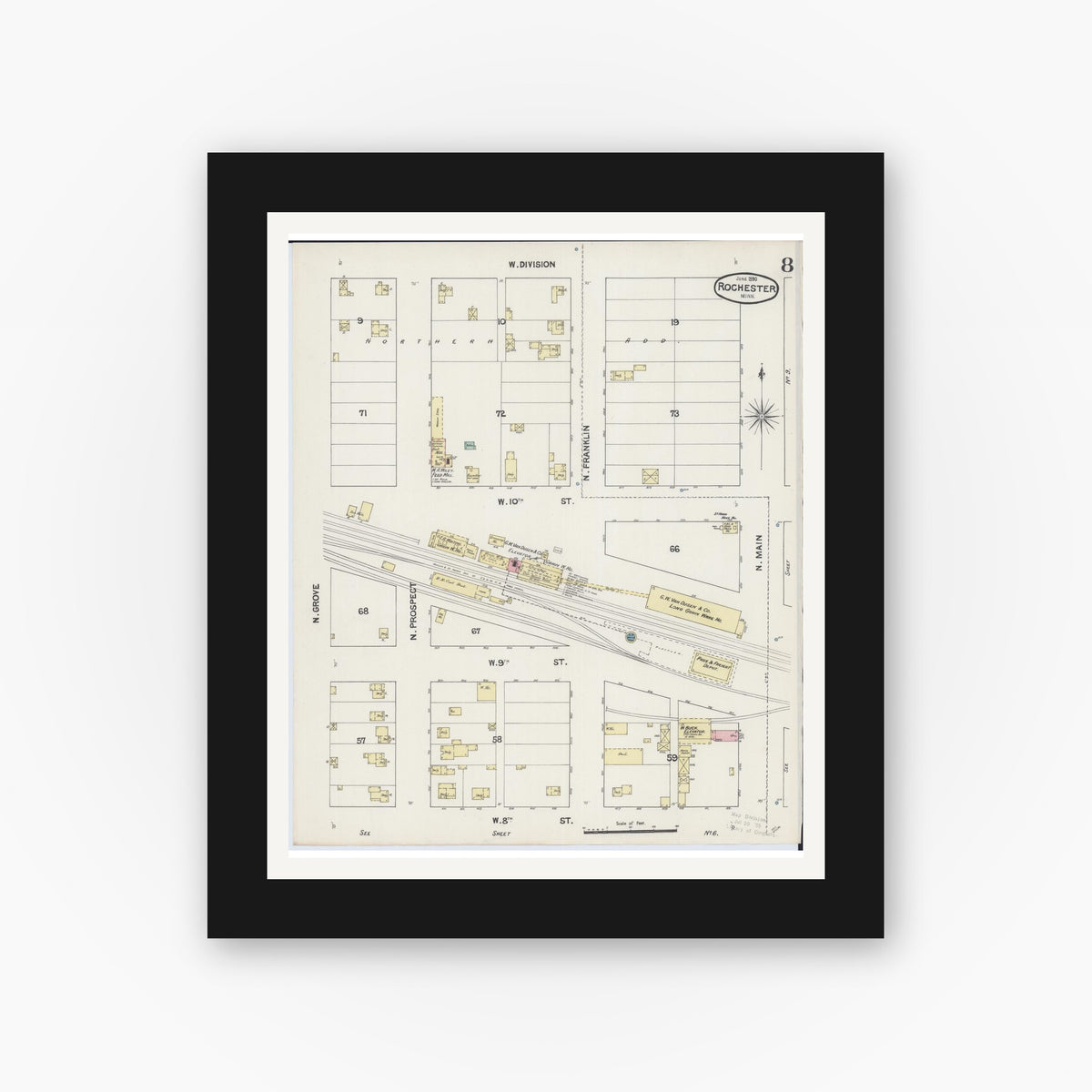 Old map wall art mockup — black gallery frame with white mat — Sanborn Fire Insurance Map from Rochester, Olmsted County, Minnesota (1890), Sheet #0008