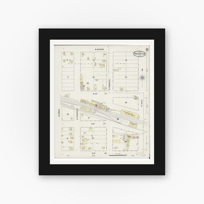 Old map wall art mockup — black gallery frame with white mat — Sanborn Fire Insurance Map from Rochester, Olmsted County, Minnesota (1890), Sheet #0008