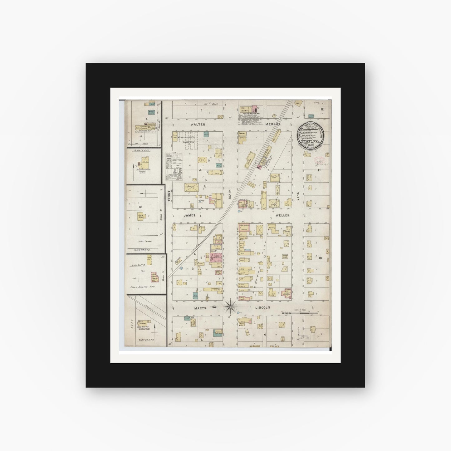 Old map wall art mockup — black gallery frame with white mat — Sanborn Fire Insurance Map from Brown City, Sanilac County, Michigan (1895), Sheet #0001
