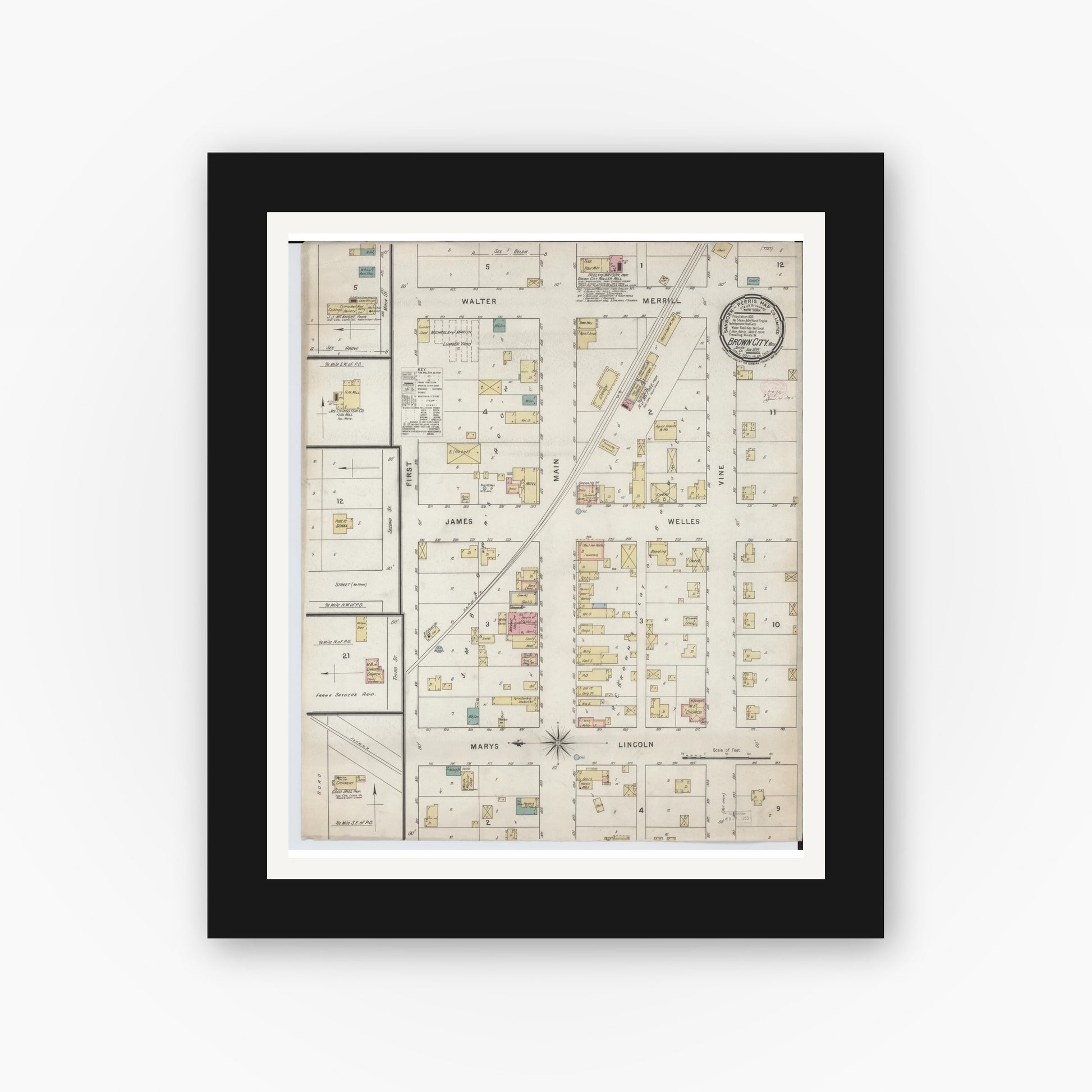 Old map wall art mockup — black gallery frame with white mat — Sanborn Fire Insurance Map from Brown City, Sanilac County, Michigan (1895), Sheet #0001