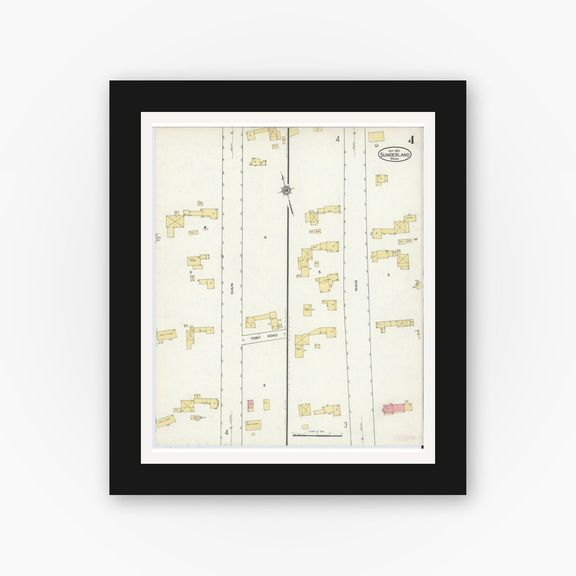 Old map wall art mockup — black gallery frame with white mat — Sanborn Fire Insurance Map from Sunderland, Franklin County, Massachusetts (1915), Sheet #0004