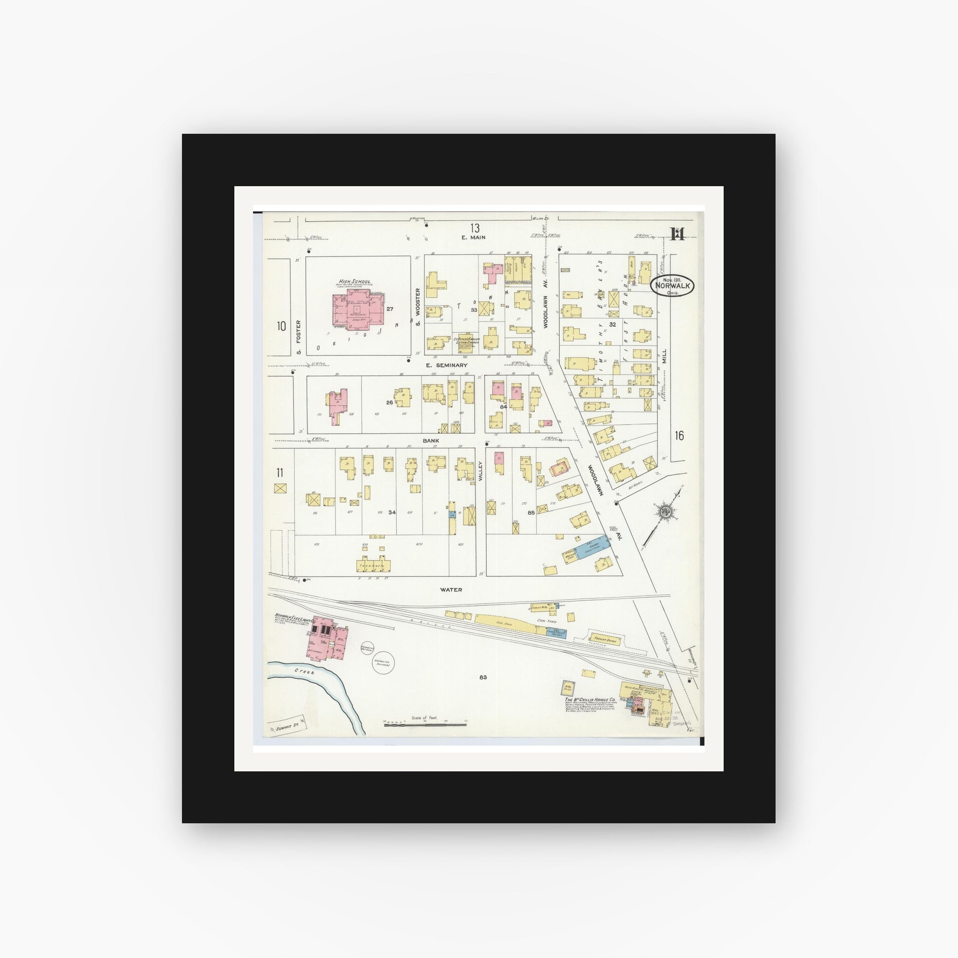 Old map wall art mockup — black gallery frame with white mat — Sanborn Fire Insurance Map from Norwalk, Huron County, Ohio (1911), Sheet #0014