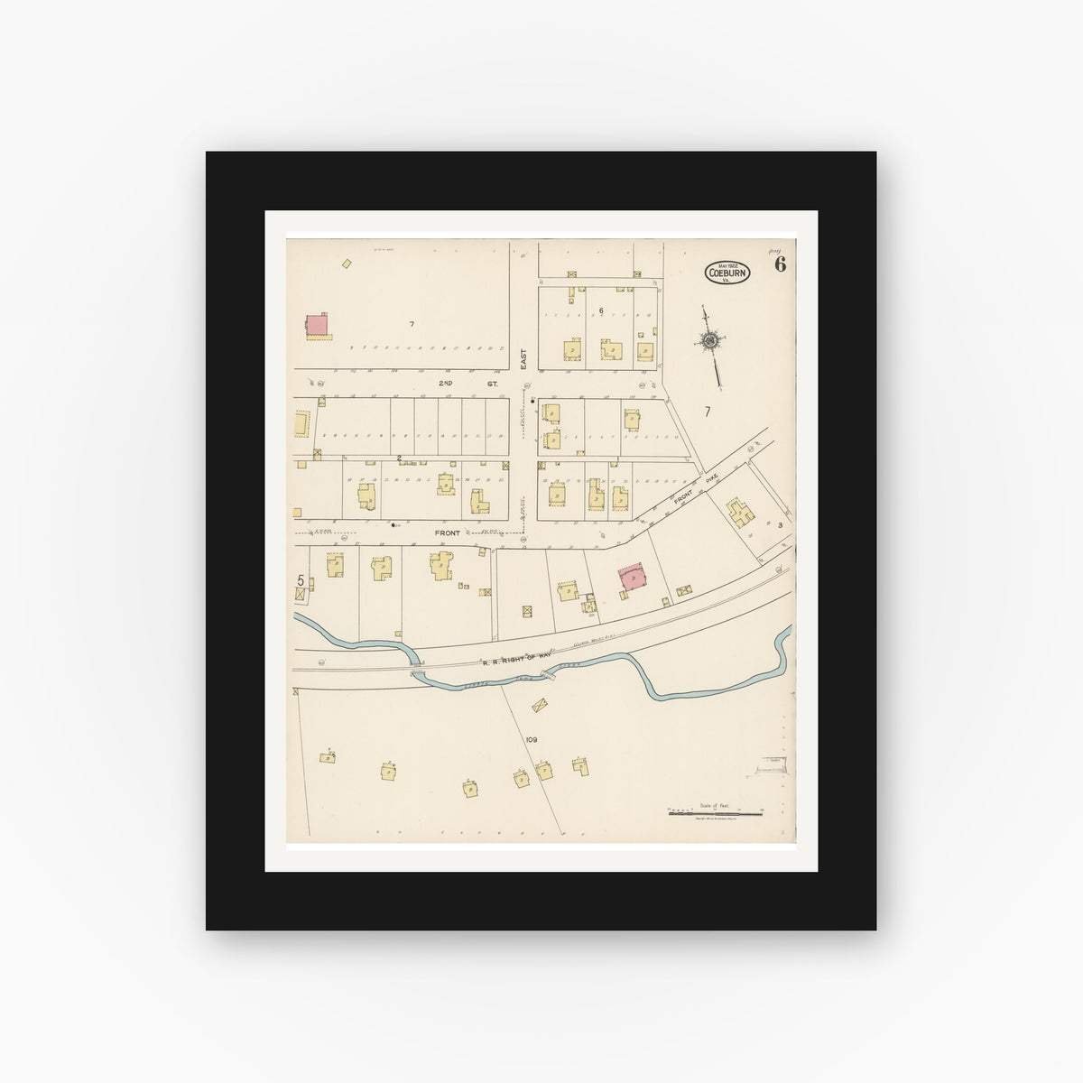 Old map wall art mockup — black gallery frame with white mat — Sanborn Fire Insurance Map from Coeburn, Wise County, Virginia (1922), Sheet #0006