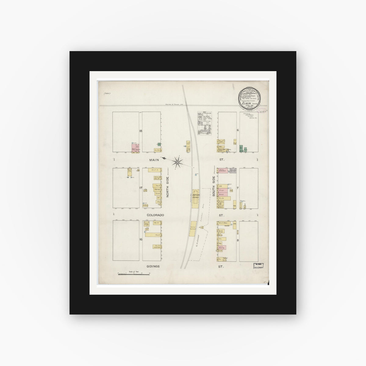 Old map wall art mockup — black gallery frame with white mat — Sanborn Fire Insurance Map from Elgin, Bastrop County, Texas (1887), Sheet #0001