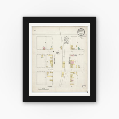 Old map wall art mockup — black gallery frame with white mat — Sanborn Fire Insurance Map from Elgin, Bastrop County, Texas (1887), Sheet #0001