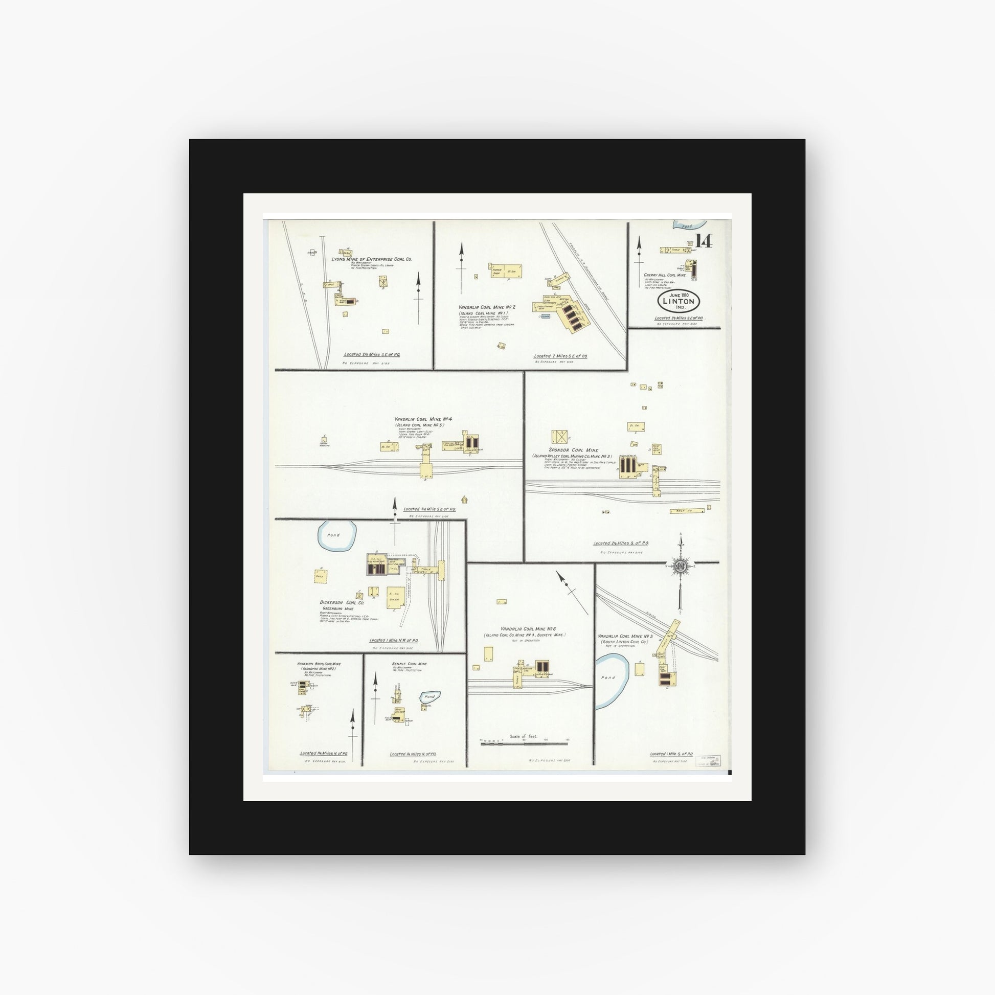 Old map wall art mockup — black gallery frame with white mat — Sanborn Fire Insurance Map from Linton, Greene County, Indiana (1910), Sheet #0014