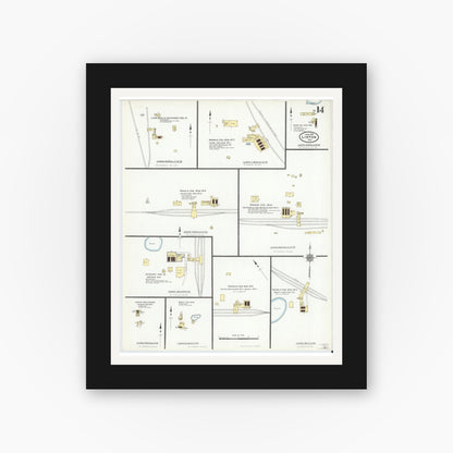 Old map wall art mockup — black gallery frame with white mat — Sanborn Fire Insurance Map from Linton, Greene County, Indiana (1910), Sheet #0014