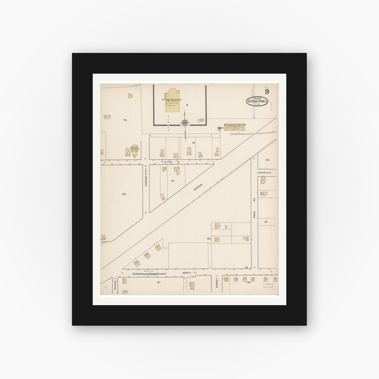 Old map wall art mockup — black gallery frame with white mat — Sanborn Fire Insurance Map from De Funiak Springs, Walton County, Florida (1922), Sheet #0009