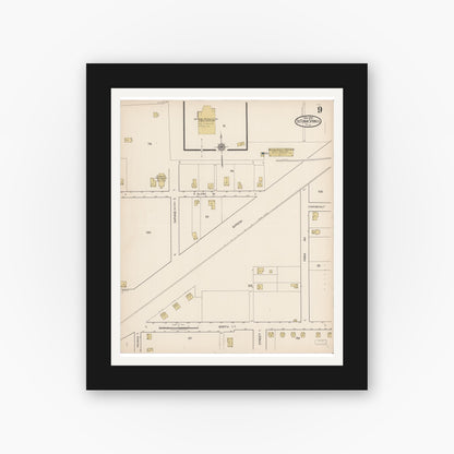 Old map wall art mockup — black gallery frame with white mat — Sanborn Fire Insurance Map from De Funiak Springs, Walton County, Florida (1922), Sheet #0009