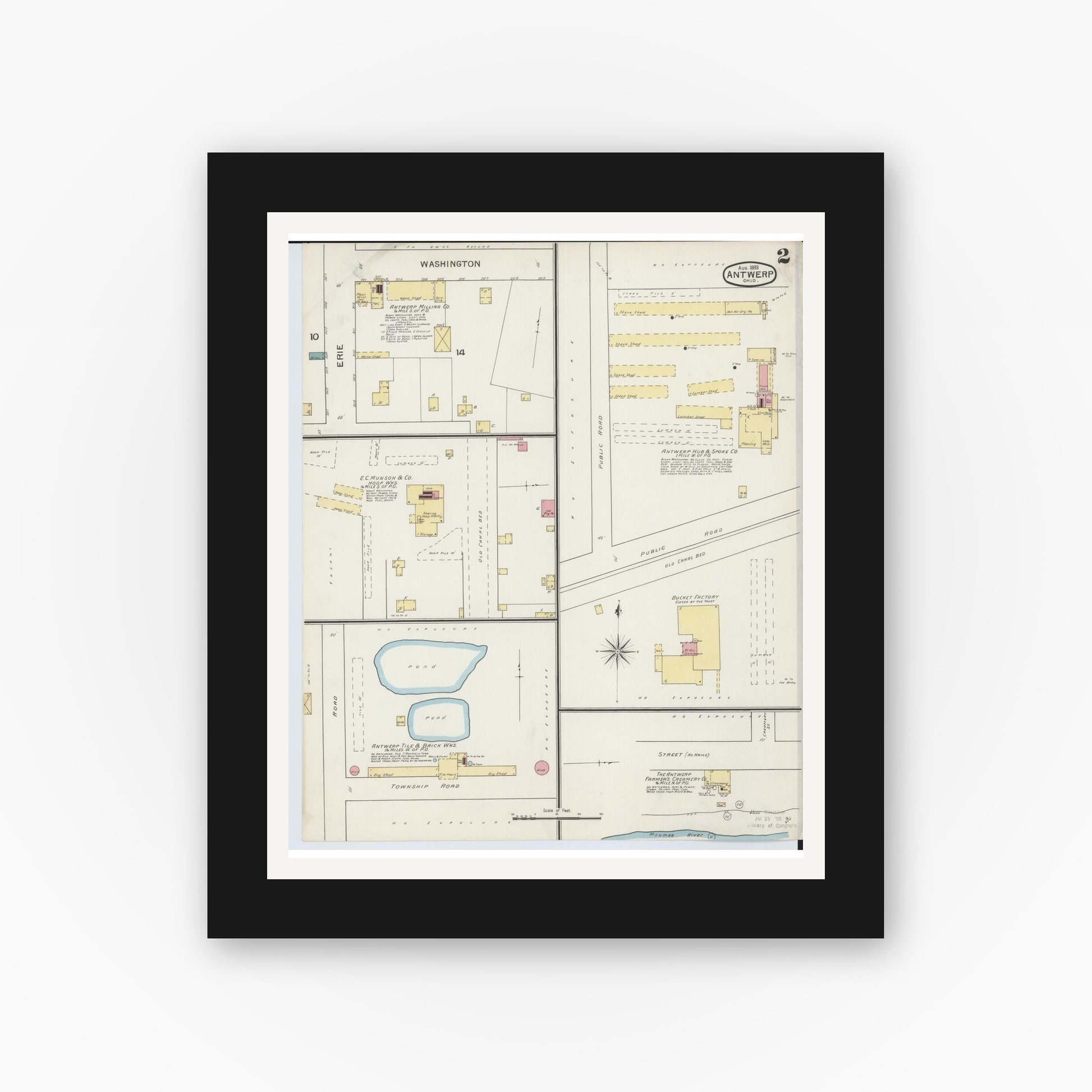 Old map wall art mockup — black gallery frame with white mat — Sanborn Fire Insurance Map from Antwerp, Paulding County, Ohio (1893), Sheet #0002
