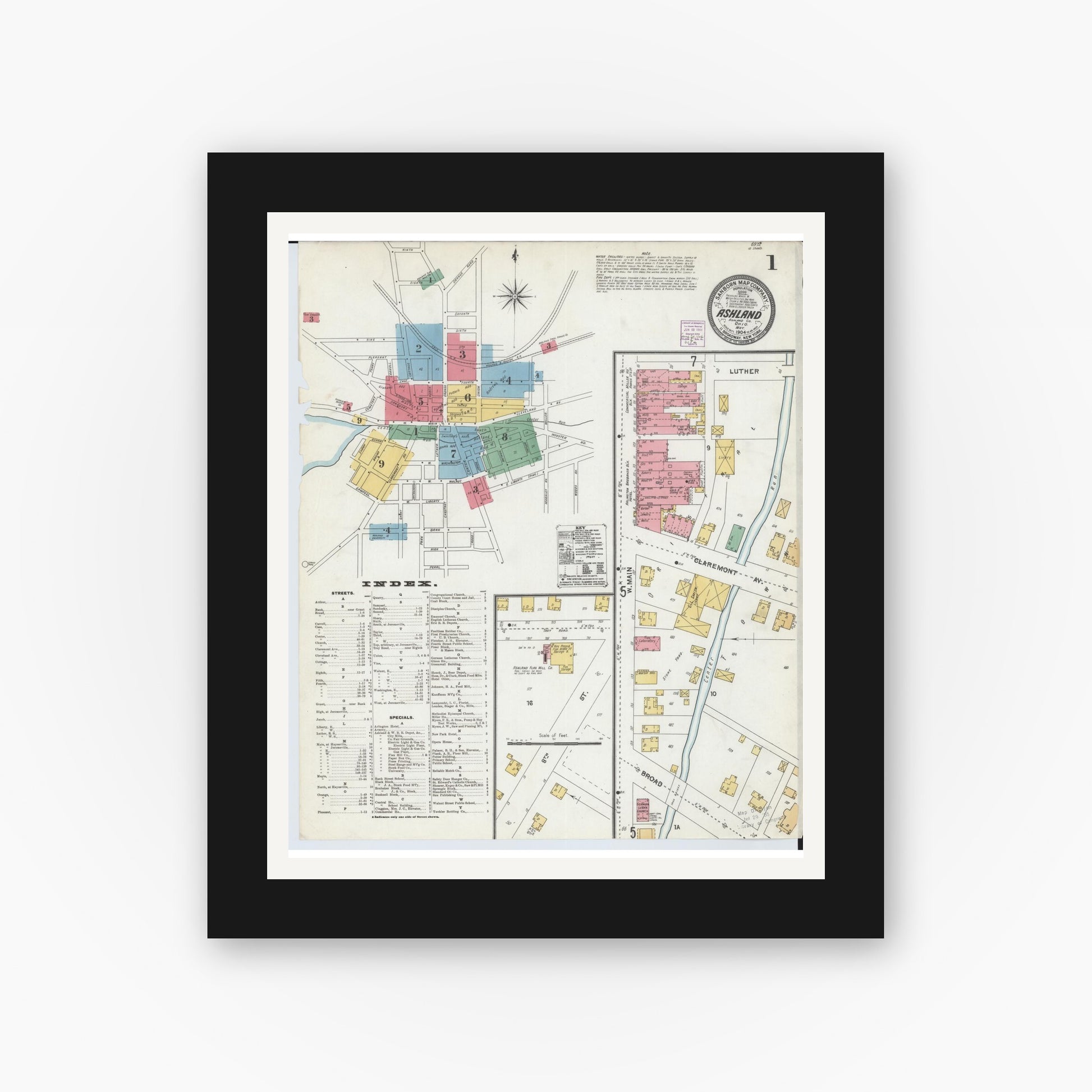Old map wall art mockup — black gallery frame with white mat — Sanborn Fire Insurance Map from Ashland, Ashland County, Ohio (1904), Sheet #0001
