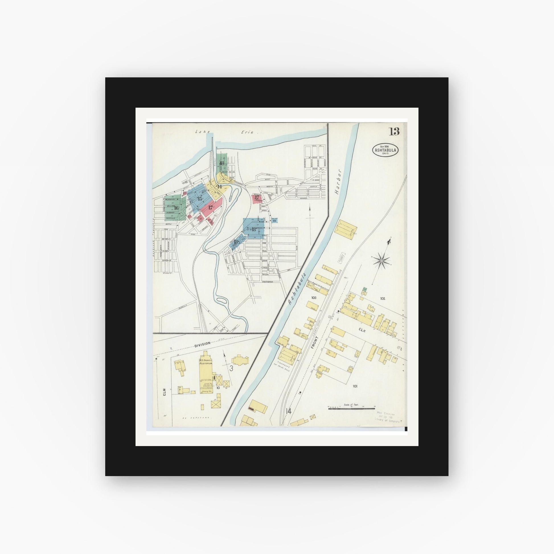 Old map wall art mockup — black gallery frame with white mat — Sanborn Fire Insurance Map from Ashtabula, Ashtabula County, Ohio (1898), Sheet #0013