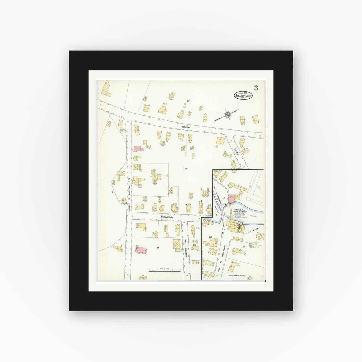 Old map wall art mockup — black gallery frame with white mat — Sanborn Fire Insurance Map from Broadalbin, Fulton County, New York (1912), Sheet #0003